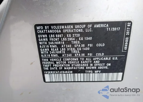2018 Volkswagen Atlas 3.6L V6 Se из США, поврежденный, VIN 1V2KR2CA7JC546436